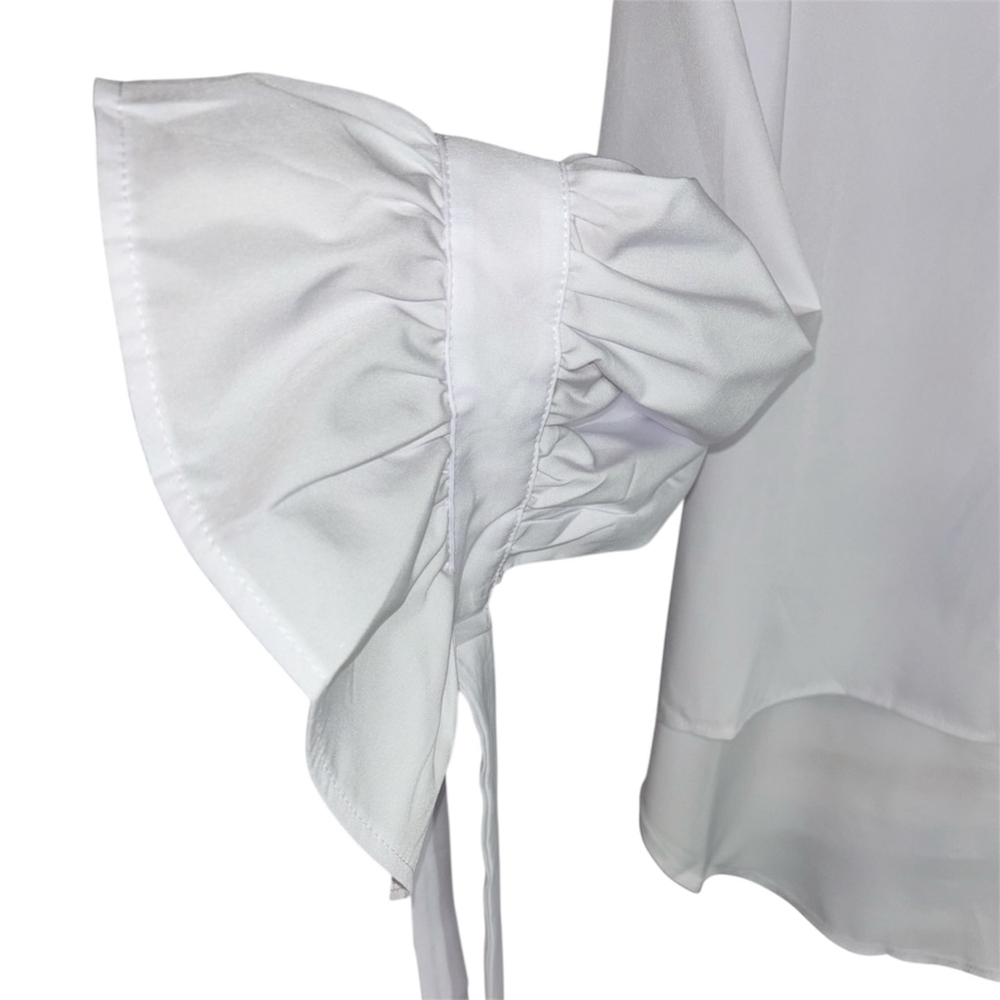 White Oversized Hi-Lo Blouse with Ruffled Cuffs & Tie Sleeves Boutique Size - Picture 7 of 11